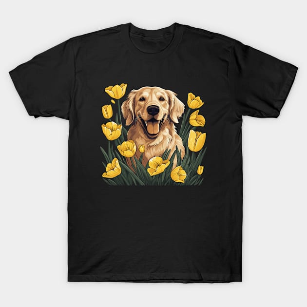 A Golden Retriever surrounded with Daffodils, illustration T-Shirt by gezwaters